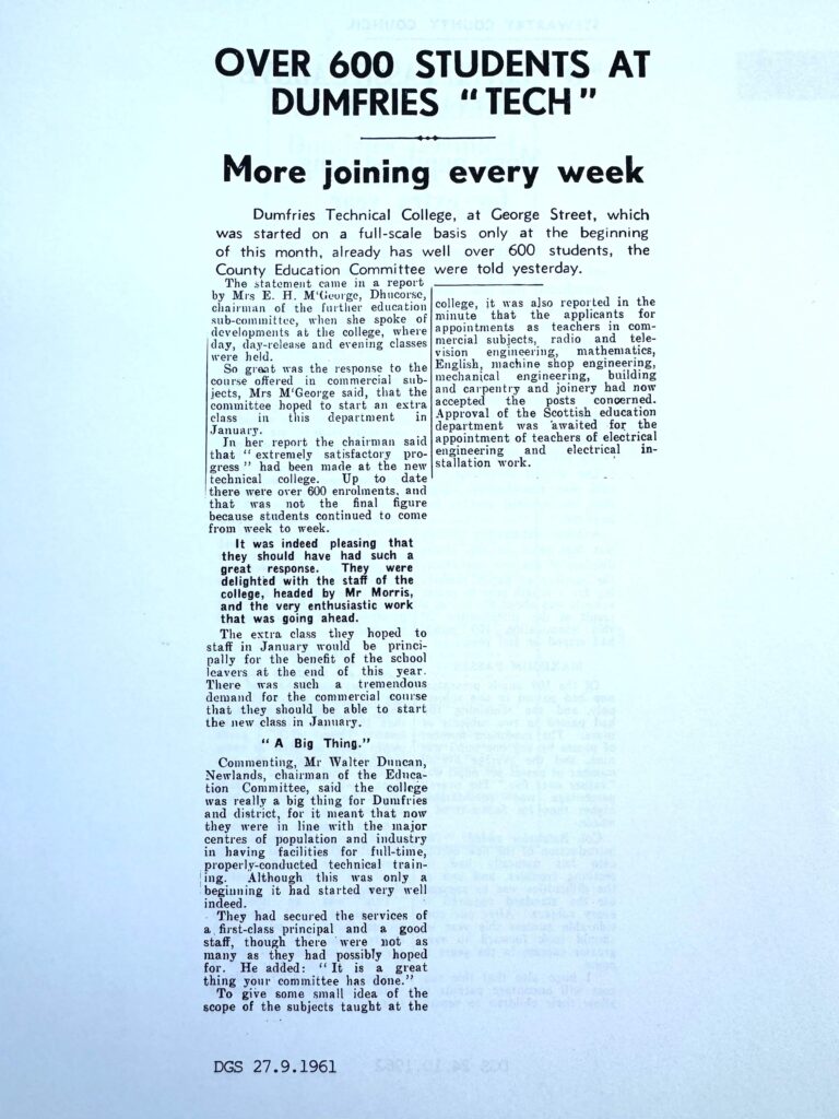 Press cutting reads Over 600 students at Dumfries Tech - More joining every week
