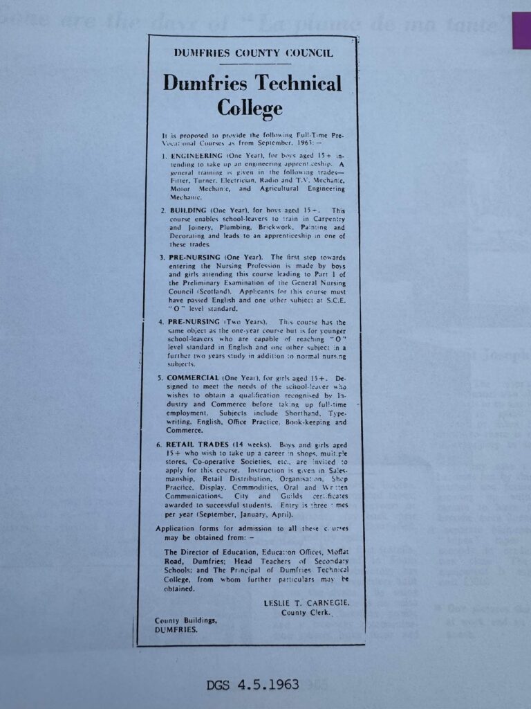 Press cutting with the title Dumfries County Council - Dumfries and Galloway College showing a list of courses advertised for september 1963