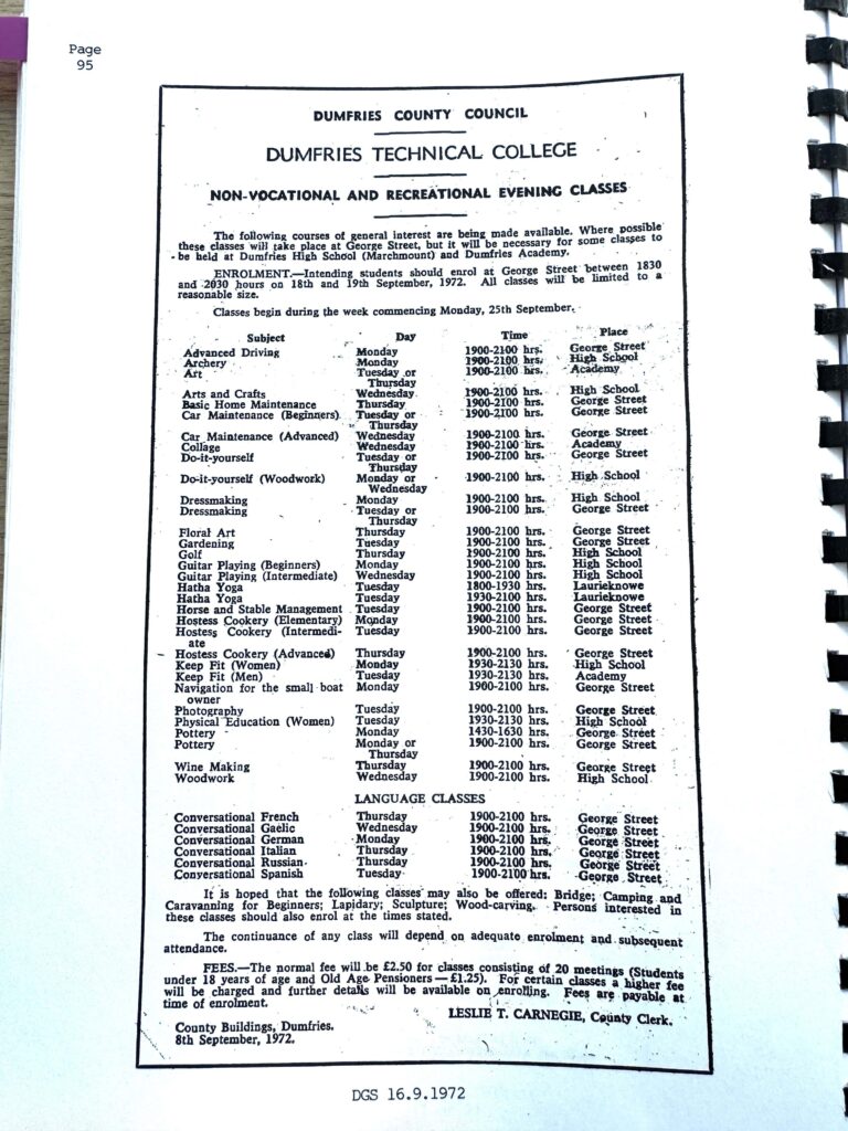 A list of college courses at George Street Campus in 1972