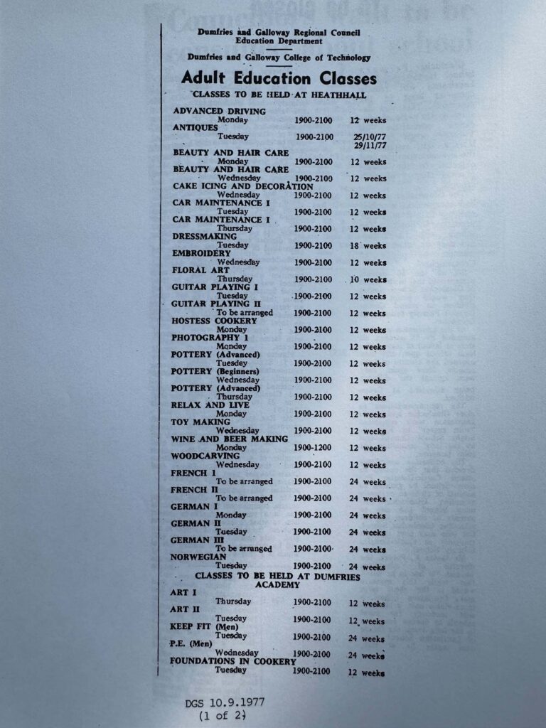 A list of college courses at Heathhall Campus in 1977