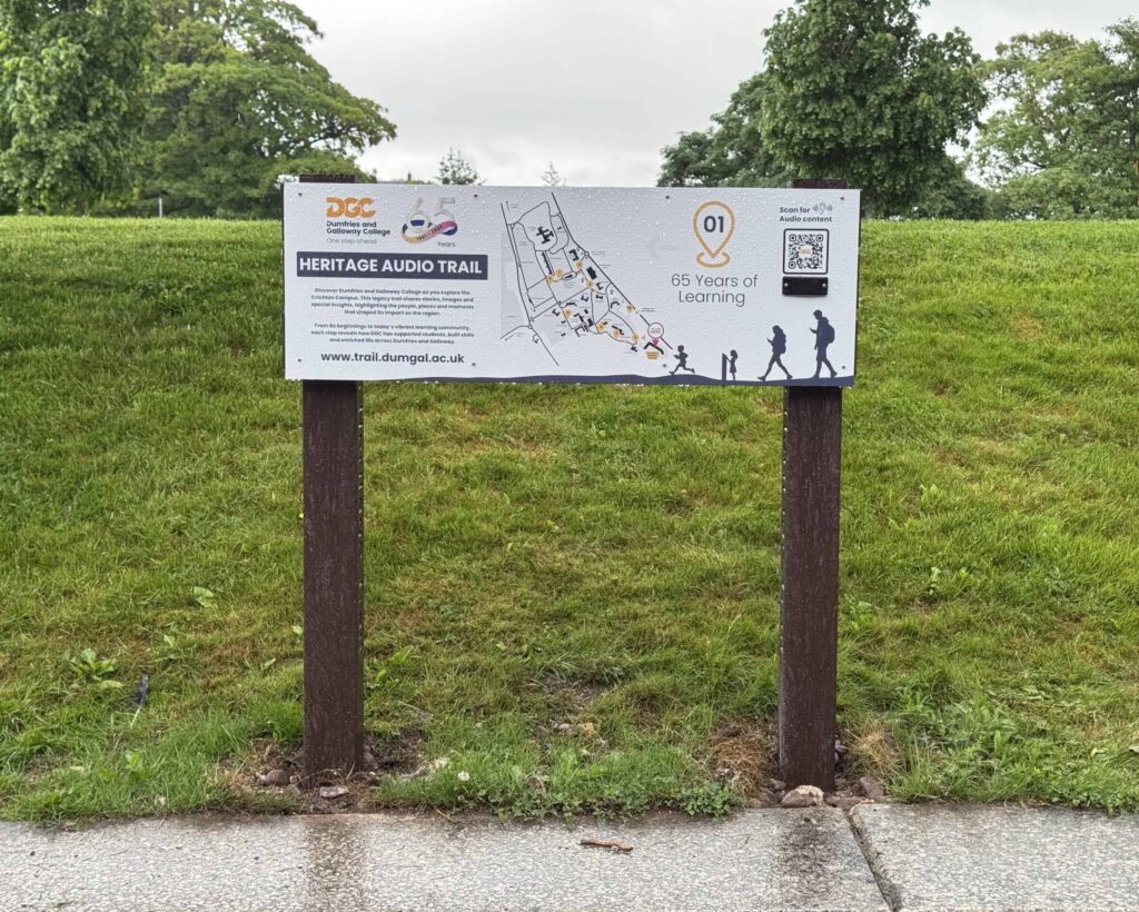 The First Waymarker and Trail Map at the very start of the DGC Heritage Audio Trail at Dumfries and Galloway College.